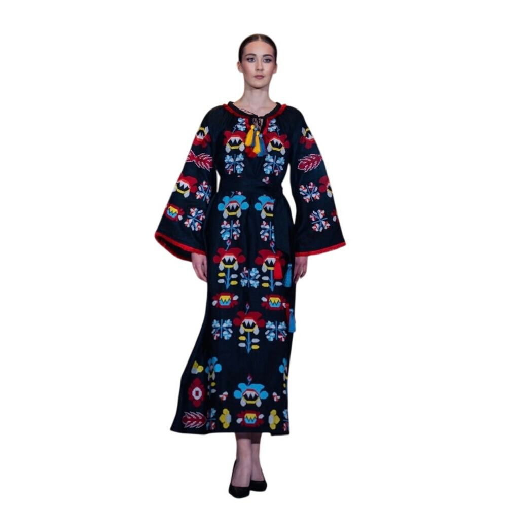 MARCH 11 Embroidered Black Linen Kaftan Dress Maxi - NWT - Size Large